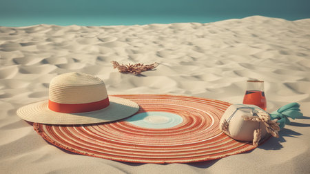 Hat and towel on the sand of the beach. Vacation scene with straw hat on the shore line. Generative AIの素材