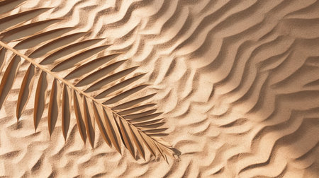 Plam leaf on the tropical beach sand. Vacation and relaxation concept with dry palm leaf on the hot summer beach. Generated AIの素材