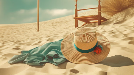 Hat and towel on the sand of the beach. Vacation scene with straw hat on the shore line. Generative AIの素材