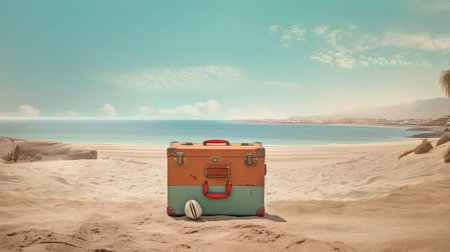 Suitcase in the sand of the beach. Vacation scene with travel case on the shore line. Generative AIの素材