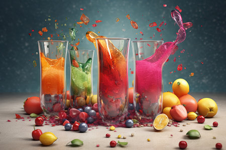 Glass of juice with fruits and berries on the table. Drink splash of sweet organic cocktail. Generated AIの素材