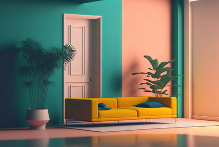 Abstract colorful interior with plants and minimalistic decorations. Vivid colored architectural background. Generated AIの素材