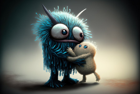 Monster hugging the child. Cute scene with mother monster love. Generated AIの素材