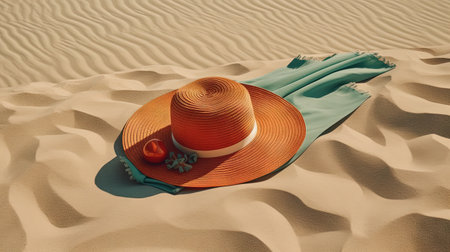 Hat and towel on the sand of the beach. Vacation scene with straw hat on the shore line. Generative AIの素材