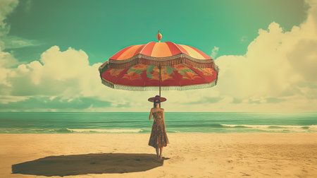 Umbrella on the hot sand of the beach. Grungy card with vacation scene of parasol on the shore line. Generative AIの素材