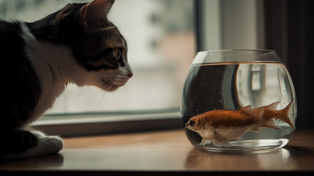 Cute cat watching the fish. Funny kitten sniffing the fish. Generated AIの素材