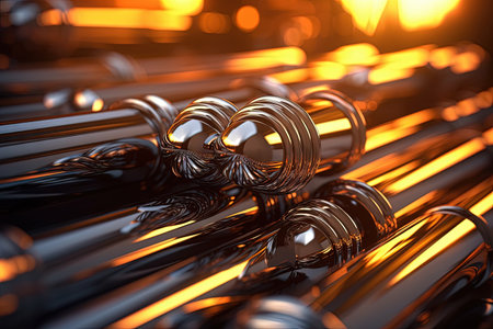 Abstract chrome pipes composition. Industry themed background with shiny metallic connected pipes. Generated AIの素材