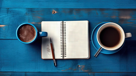 Cup of coffee and notepad with pen, top view. Generated AIの素材