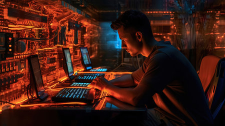 Man sitting with laptop in the secret laboratory. Hacker sending the virus. Generated AIの素材