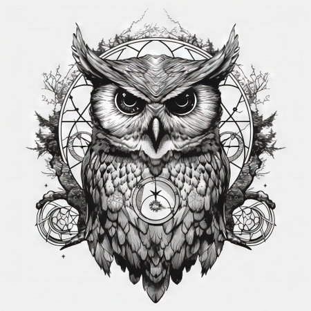Wild owl with mystic design elements. Occult wise bird black and white symbol in vintage style. Generated AI.の素材