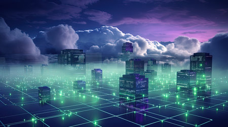 Concept of a digital city with cloud connections. Futuristic network in the clouds. Generated AIの素材