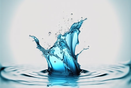 Water splash with beautiful drops flying away. Liquid motion background. Generated AIの素材