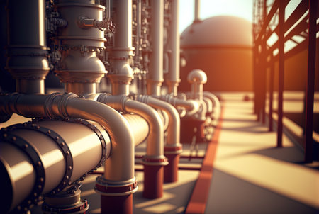 Background with shiny factory pipes. Industrial pipeline communications, technology abstract. Generated AIの素材