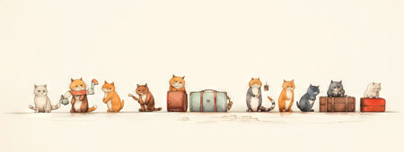 Cute cats family travelling with luggage. Watercolor styled kittens with suitcases. Generated AIの素材