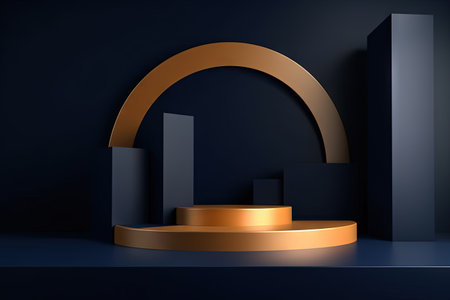 Dark blue pedestal in black room with geometric shapes. Podium for product showcase. Generated AIの素材