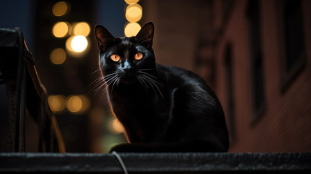 Black cat sitting on a railing at night, in the style of life in New York city. Generated AIの素材