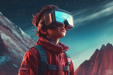 VR goggles technology concept with wearable glasses device. Virtual reality futuristic immersive experience. Generated AIの素材