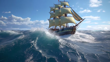 Ship in the stormy sea with huge waves. Giant stormy waves in the ocean and boat. Generated AIの素材
