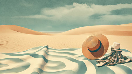 Hat and towel on the sand of the beach. Vacation scene with straw hat on the shore line. Generative AIの素材
