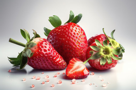 Strawberry on background. Juicy red berry, fresh and sweet. Generated AIの素材