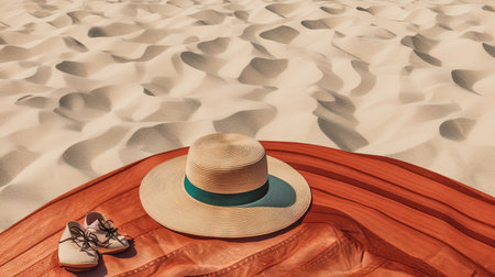 Hat and towel on the sand of the beach. Vacation scene with straw hat on the shore line. Generative AIの素材