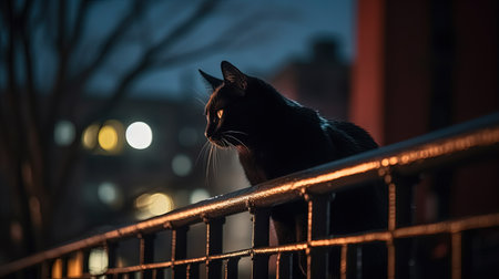 Black cat sitting on a railing at night, in the style of life in New York city. Generated AIの素材