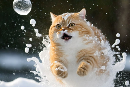 Cat smacked by snowball. Cute kitten with surprised and angry face, hit by snow during winter game. Generated AIの素材