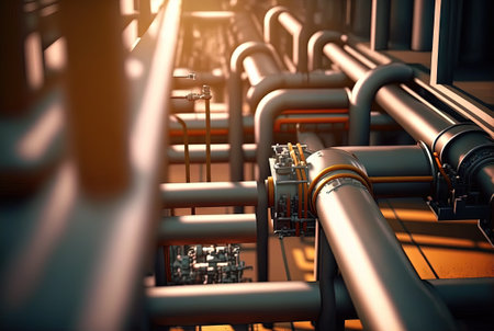 Background with shiny factory pipes. Industrial pipeline communications, technology abstract. Generated AIの素材
