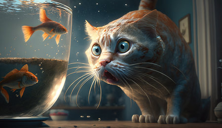 Cute cat watching the fish. Funny kitten sniffing the fish. Generated AIの素材
