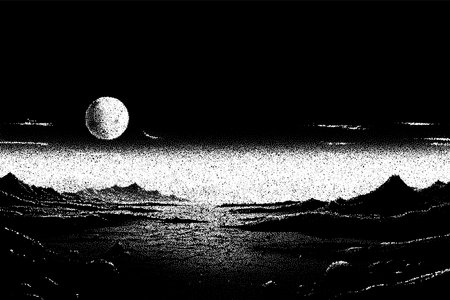 Alien planet landscape in retro dotwork style. Planets and satellites over unknown planet in space. Sci-fi world landscape beyond our galaxy.のイラスト素材