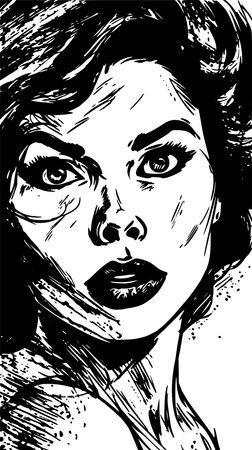 Woman portrait in hand drawing or engraving style. 60s styled beautiful comic book character in black and white.のイラスト素材