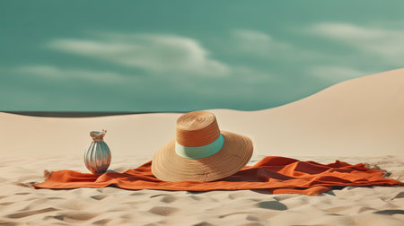 Hat and towel on the sand of the beach. Vacation scene with straw hat on the shore line. Generative AIの素材