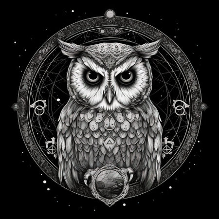 Wild owl with mystic design elements. Occult wise bird black and white symbol in vintage style. Generated AI.の素材