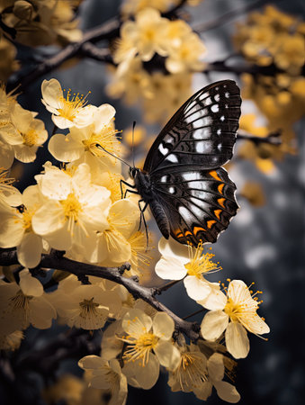 Butterfly on the colorful flowers and plants. Calm nature scene with dreamy colors. Generated AIの素材