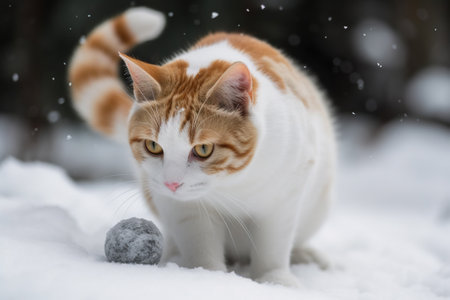 Cat playing in the snow in winter season. Cute kitten having fun with white snow. Generated AIの素材