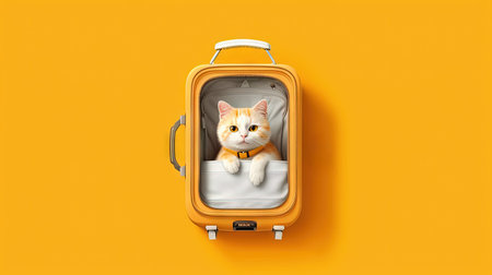 Cute white cat sitting in the suitcase. Sweet fluffy kitten is ready to travel. Generated AIの素材