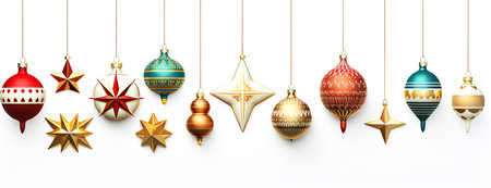 Shiny Christmas baubles in line. Collection of Xmas glass balls with ornament. Generated AIの素材