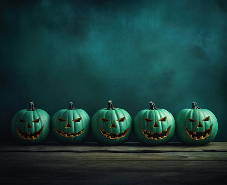 Halloween pumpkins grinning in a row. Autumn holidays card for spooky party. Generated AIの素材