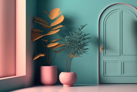 Abstract colorful interior with plants and minimalistic decorations. Vivid colored architectural background. Generated AIの素材
