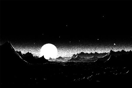 Alien planet landscape in retro dotwork style. Planets and satellites over unknown planet in space. Sci-fi world landscape beyond our galaxyのイラスト素材