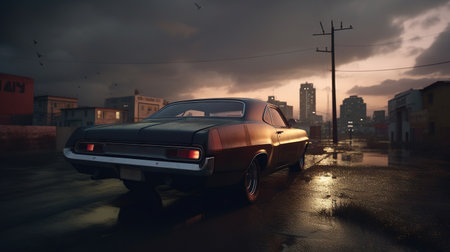 Vintage muscle car parked on the street at night. 80s styled synthwave retro scene with powerful drive in evening. Generated AIの素材