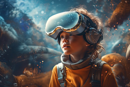AR glasses technology concept with transparent goggles. Augmented reality futuristic immersive experience. Generated AI.の素材