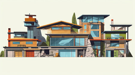 A street with cute modern residental houses in the neighborhood. Suburb architecture or village cottages. Generated AIの素材