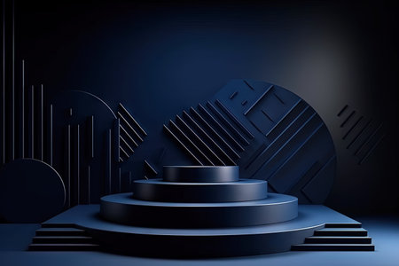 Dark blue pedestal in black room with geometric shapes. Podium for product showcase. Generated AIの素材