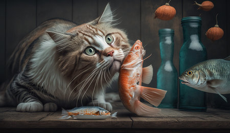 Cute cat watching the fish. Funny kitten sniffing the fish. Generated AIの素材