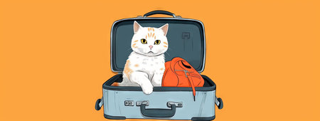 Cute white cat sitting in the suitcase. Sweet fluffy kitten is ready to travel. Generated AIの素材