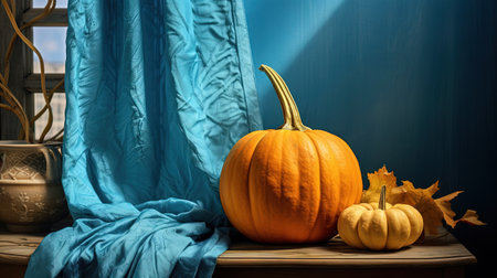 Still life with orange pumpkin on the blue background. Autumn harvest and fall holidays. Generated AIの素材