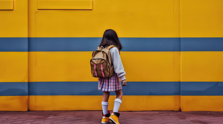 Schoolgirl standing by the wall. Colorful scene with girl with school backpack. Generated AIの素材