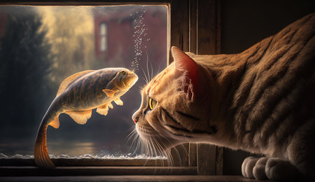 Cute cat watching the fish. Funny kitten sniffing the fish. Generated AIの素材