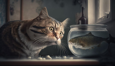 Cute cat watching the fish. Funny kitten sniffing the fish. Generated AI.の素材